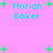 Pixelated cyan text 'Moriah Baker' appears four times on a pink background with green plus signs scattered throughout.