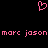 Pixelated pink heart symbol above repeating text 'marc jason marc jason' on black background.