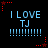 Pixelated blue text "I LOVE TJ" with exclamation marks and red star corner markers on a black background, animated across six repeated