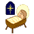 Pixelated Christmas-themed buddy icon featuring a baby in a manger with a halo, a blue stained-glass window with a cross, and green text reading "Original Icons .com" on a dark background.