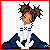 Pixelated character with brown braided hair in two buns, wearing white shirt with blue stripes and dark blue pants, seated with hands clasped, expression neutral.