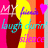 Pixelated static image with vibrant pink, yellow, and red vertical stripes; stylized text fragments in cyan, purple, and white overlay the background.