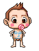A 5x5 contact sheet of a pixel art character animation showing multiple poses and expressions with a pink lollipop, blue face tattoos, and brown spiky hair against a gray background.