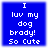 Blue square with white pixelated text reading "I luv my dog brady! So Cute" arranged in four lines.