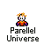 Pixelated character with orange crown and red-purple outfit appears above text 'Parellel Universe' in , some showing purple energy effects