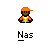 Pixelated character in orange outfit with cap, standing against gray background; text "Nas" below. Animation shows sequential changes to the character's pose and background elements.