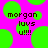 Pixelated text 'morgon luvs u!!!' on bright pink background with green circles, static image.