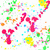 Pixelated static image with scattered colorful shapes including red, green, yellow, blue, and orange elements on a white background.