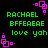 Green and pink pixelated text on black background with repeating patterns of 'RACHAEL', 'BFFEAEAE', 'love yoh' and pink square motifs.