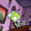 Green cartoon alien with large white eyes and antennae stands on brown platform, background features purple structure with red-orange framed windows.