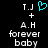 Pixelated text and symbols on black background with cyan heart symbol above T.J. and A.H. names, plus 'forever baby' text below.