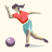 Pixelated figure in red shirt and teal shorts bowling a purple ball with arm extended forward, legs split in motion.