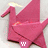 Animated pink origami swan with white smoke-like effect above head, text below changes from 'w' to 'wolfwaffle' across frames.