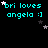Pixelated cyan text 'bri loves angela :)' on black background with scattered white and gray stars, some stars animate to different positions across frames.