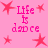 Pink background with red star shapes and repeated text 'Life is dance' in pink pixelated font.