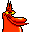 Pixelated cartoon character with red-orange body, yellow eyes, and black outlines on gray background.