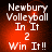 Red background with white text reading "Newbury Volleyball In It 2 Win It!!" in four identical arranged in a