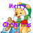 Pixelated cartoon bear wearing green and white elf outfit with red bow tie, holding gingerbread man, purple text "Merry Christmas" above and below, white background with light blue squares.