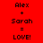 Red background displays two identical pixelated text equations with names Alex, Sarah, and LOVE! in black.