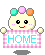 Pixelated character with pastel hair holds pink checkered sign reading HOME, showing four distinct poses with varying arm positions and facial expressions.