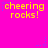 Bright pink background with yellow text reading "cheering rocks!" repeated in two , each containing three identical text instances, with small blue star and dot patterns scattered across the background