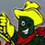 Yellow cartoon character with green face, white eyes, red scarf, and large yellow hair against gray background