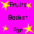 Pixelated yellow stars and black text on a bright pink background, with text reading Fruits, Basket, and Fan arranged in a pattern