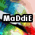 A four- of pixelated images with text overlays: top-left shows "MaDdiE" over a colorful background, top-right shows "Is" over a bright background, bottom-left shows "To RAY" over a rainbow heart, bottom-right shows "FaB" over a person with long hair