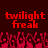 Red pixelated text 'twilight freak' appears twice on a dark red background with pinkish-red abstract shapes below.