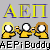 Pixelated graphic with yellow and blue text 'AEN' above three cartoon figures in yellow outfits, white eyes, and varied hair colors on a gray background.