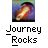 Pixelated image of a colorful nebula-like object with a black curved shape above it, set against a gradient background, with text below reading 'Journey Rocks' in blocky font.