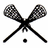 Two crossed lacrosse sticks with a ball below them on a white background, next to red background with partial text.