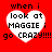 Four identical heart-shaped icons with text on a red background, each displaying 'when i look at MAGGIE i go CRAZY!!!!' in pixelated font.