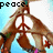 Two hands form a peace sign against a light blue background with the word 'peace.' in black text.