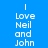 Blue background with white pixelated text reading "I Love Neil and John" in four lines, featuring a green gradient effect on the lower-left portion of the text.