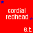 Red background with repeated white text 'cordial redhead' and blue stars, alternating with smaller white 'e.t' text in a pattern