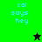 Green and black pixelated icon with 'cal says hey' text, featuring a star symbol that changes from black to green.