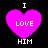 Four identical pixelated pink heart icons with white text "I LOVE HIM" arranged in a on black background, each icon showing slight variation in heart shape and text alignment
