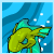 Animated pixel art of a yellow fish-like creature with turquoise fins swimming in blue water, shown across seven sequential frames on a contact sheet.