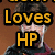 Pixelated image of a person with dark hair wearing a dark jacket over a red shirt, overlaid with large text reading 'Loves HP' on the left and 'Harry Potter' on the right.