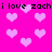 Pixelated pink background with light pink hearts and repeated black text 'i love zachi love zach' in two horizontal bands.