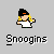 Pixelated character with blonde hair and black beanie adjusts white shirt under gray background, text 'Snoogins' below.