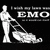 Black-and-white pixelated image of a person mowing a lawn with text reading "I wish my lawn was EMO ... So it would cut itself.".