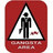 Red rounded rectangle with white triangle containing black figure holding object, red text below.