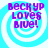 Four identical pixelated icons display purple text 'BeckyP loves blue!' over a cyan spiral background with white rings.