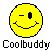 Static pixel art icon of a yellow smiley face with one eye winking, black outline, and the text "Coolbuddy" below it on a gray background.