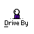 Pixel art animation of a white ball character with purple limbs interacting with a black car with orange accents, all on a gray background with "_Drive By" text below.