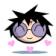 Pixelated character with spiky black hair and purple glasses, surrounded by pink hearts in two states: closed eyes on left, open smiling face on right.