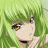 Pixelated close-up of an anime-style character with green hair and brown eyes against a blurred green background.