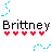 Pixelated icon with 'Brittney' text, five red hearts below, and blue pixel art elements on white background.